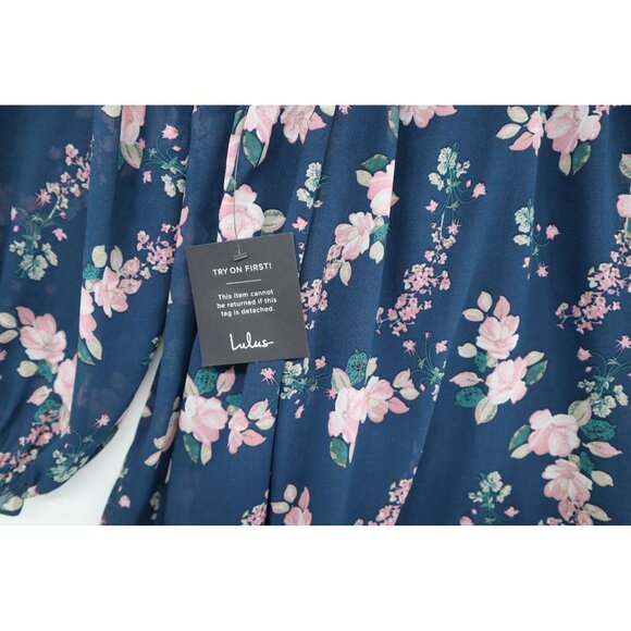 Lulus Floral Navy Blue Off-The-Shoulder Smocked Mini Dress Long Sleeves Womens S - Picture 12 of 15